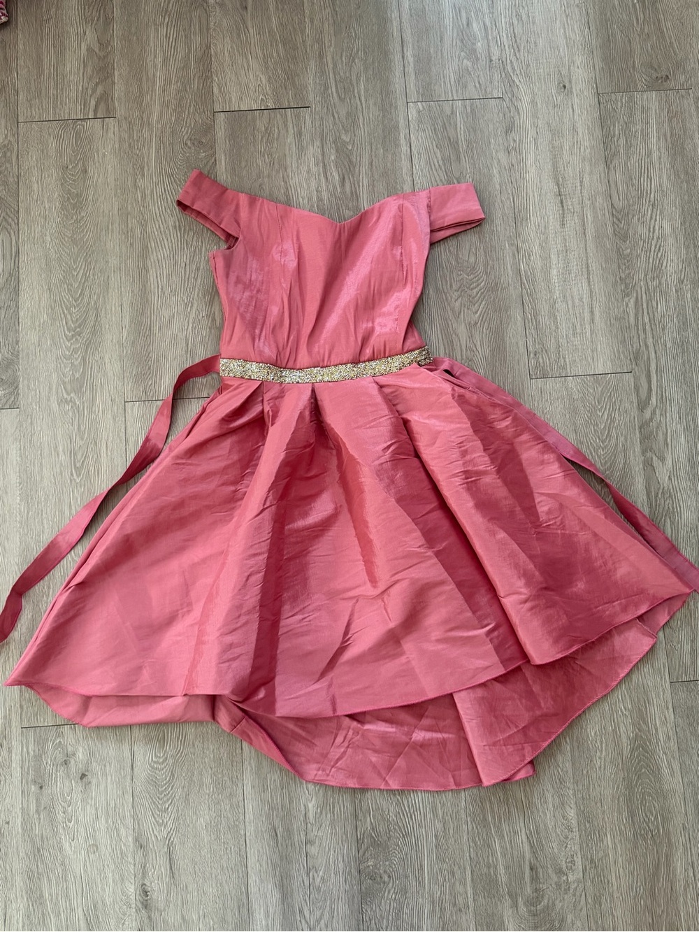 Coral Off-Shoulder Party Dress with Gold Glitter Waistband